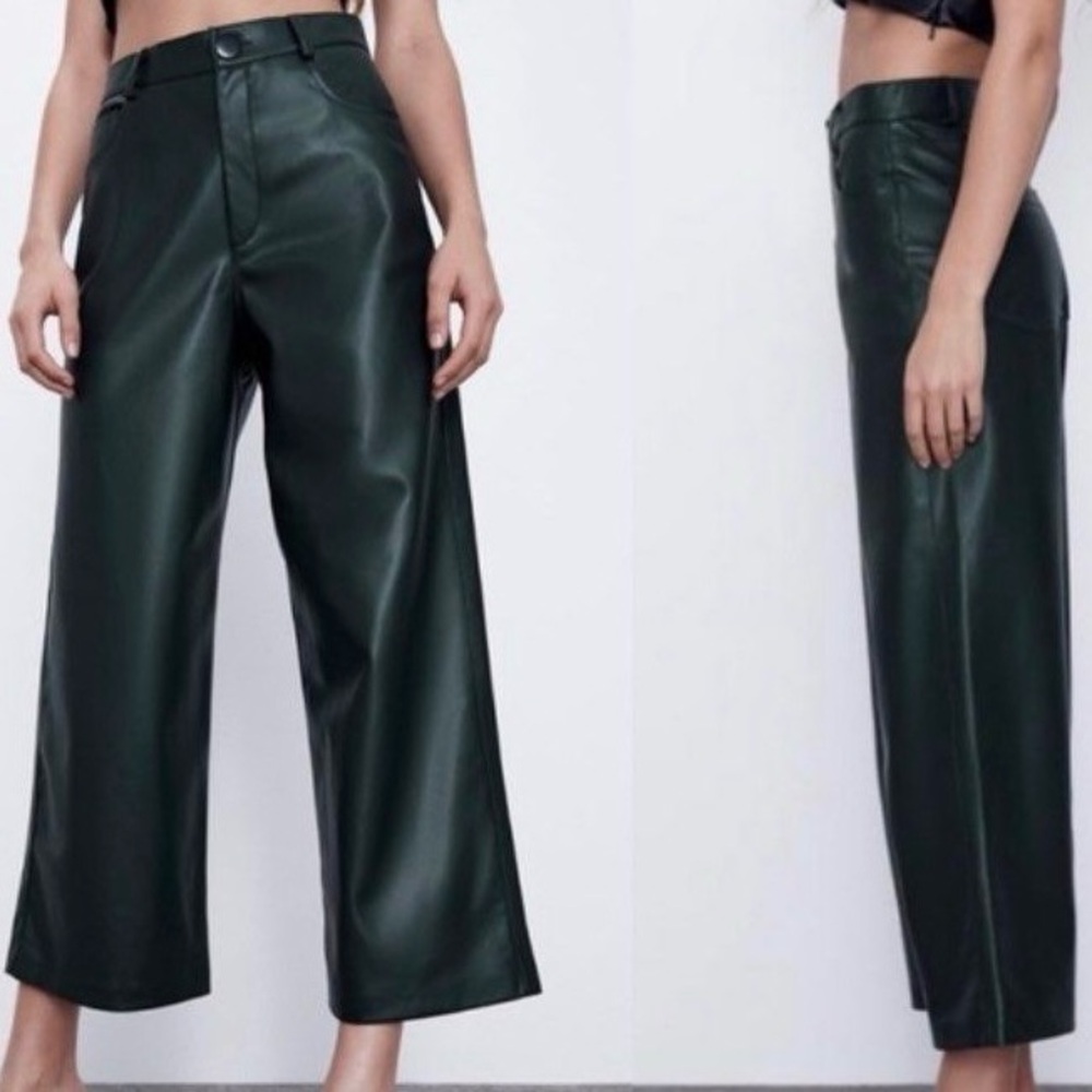 Zara Dark Green Cropped Wide-Leg Faux Leather Pants